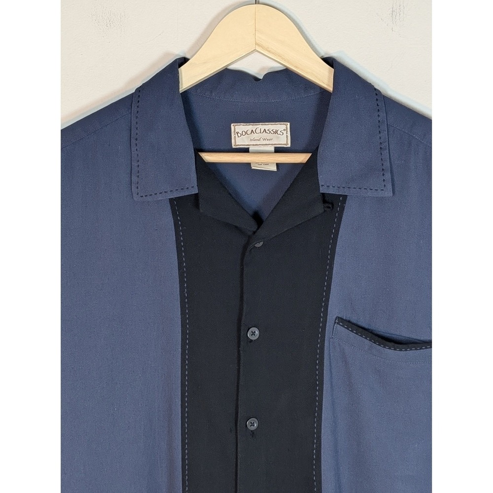 Boca Classics Mens XL Blue Black 100% Silk Camp Shirt Short Sleeve Island Wear